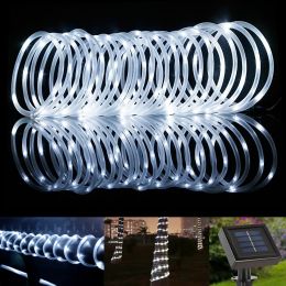 22.97ft Solar LED Rope String Lights, 50 LEDs with Light Sensor, Waterproof Daylight White Indoor Outdoor Holiday Christmas Decoration Lighting