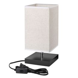 Square Flaxen Bedside Desk Lamp, Fabric Shade Nightstand Lamp with E26 Bulb Base for Hotel, Bedroom, Living room