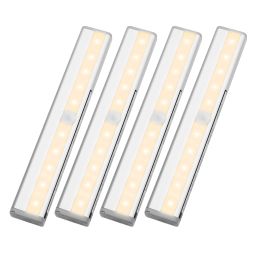 LED Wireless Motion Sensor Under Cabinet Lighting, LED Night Light Bars with Magnetic Tape, Battery Powered, Warm White, Pack of 4 Units